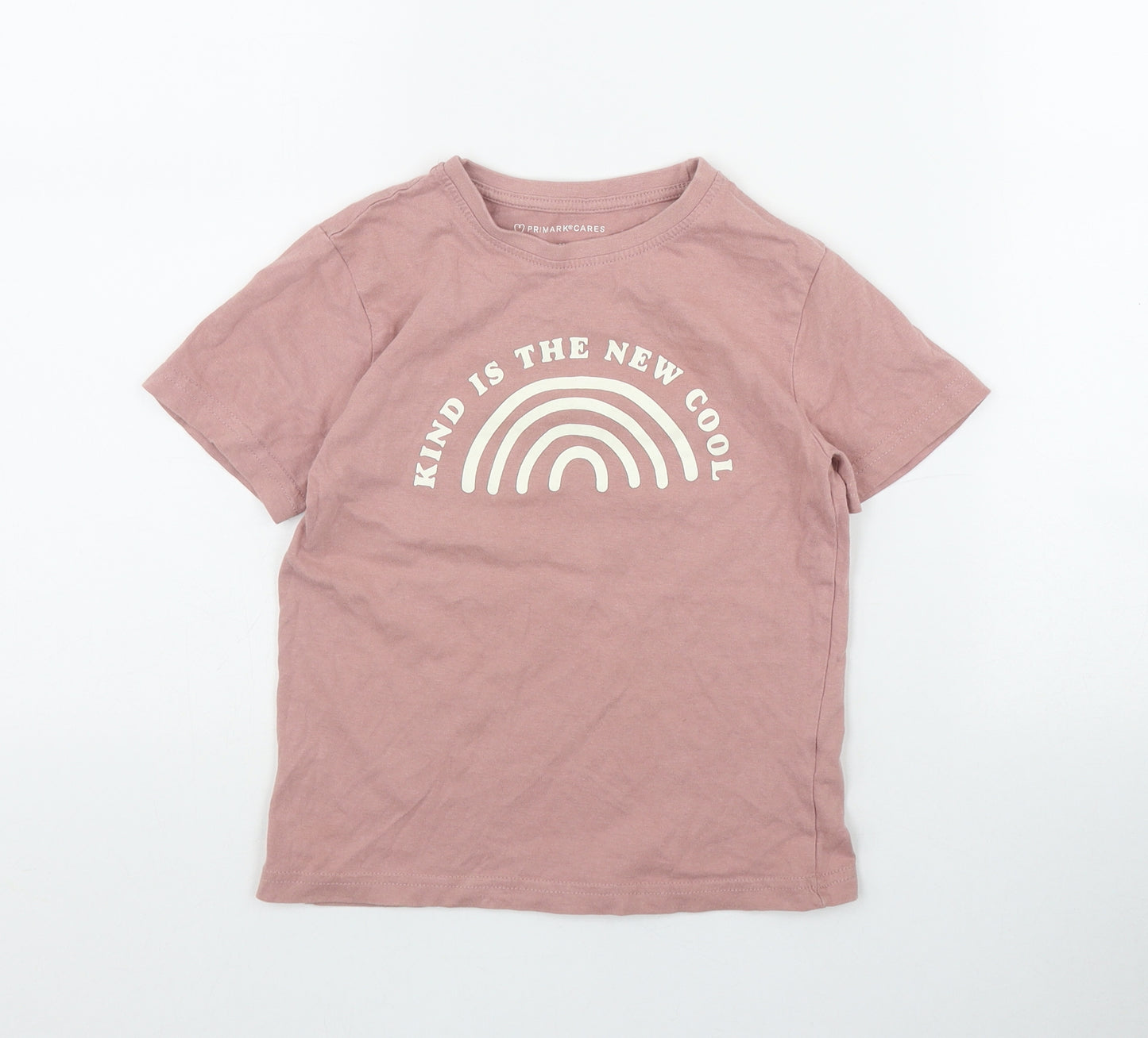 Primark Girls Pink  Cotton Basic T-Shirt Size 5-6 Years Round Neck Pullover - 'Kind is the new cool'