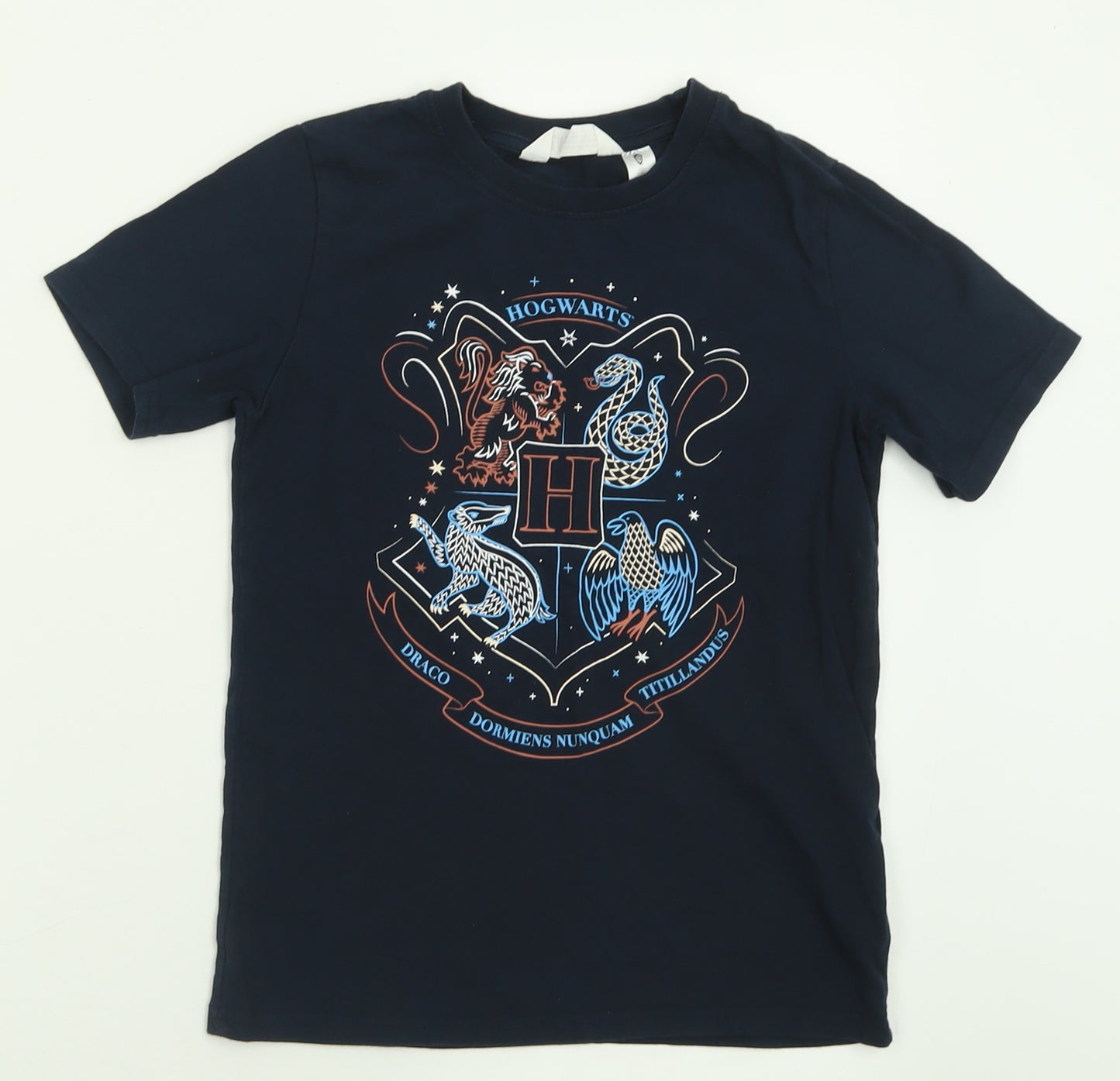 H&M Boys Blue  Cotton Basic T-Shirt Size 8-9 Years Crew Neck Pullover - Harry Potter Hogwarts