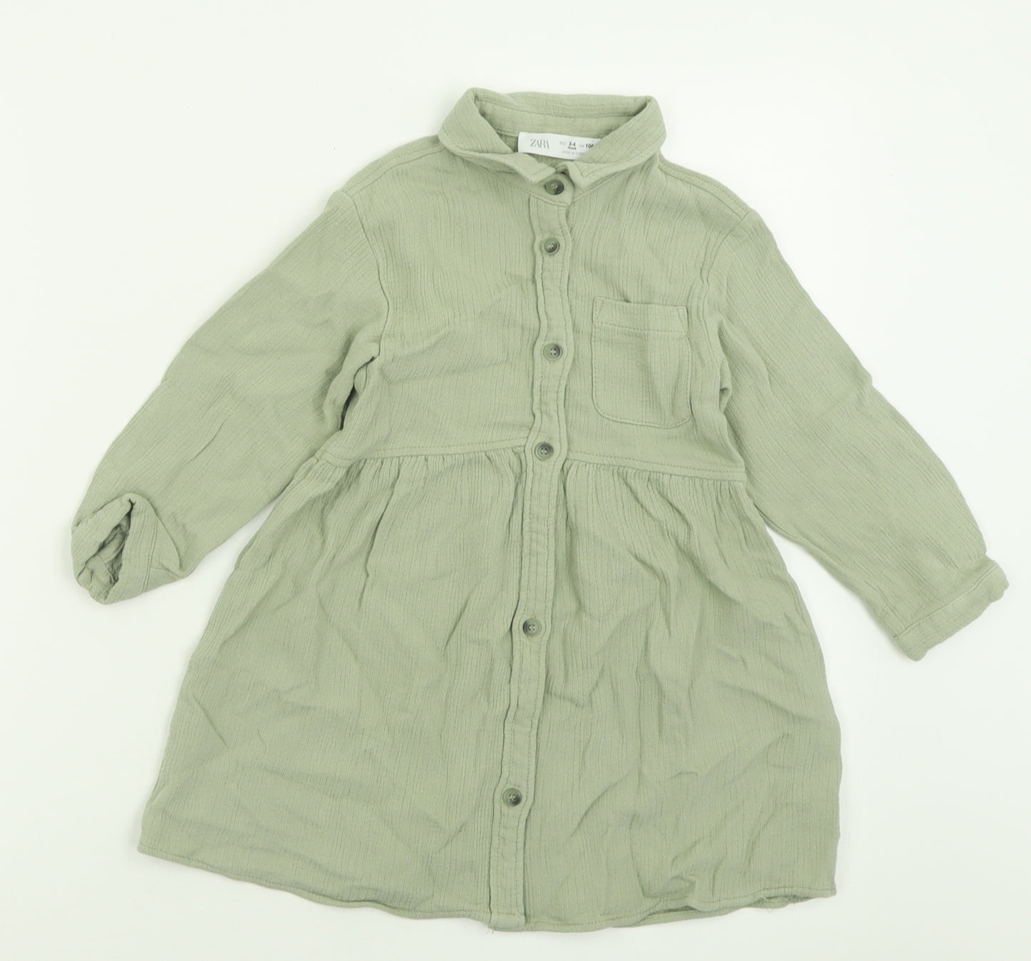 Zara Girls Green  Viscose A-Line  Size 3-4 Years  Collared Button