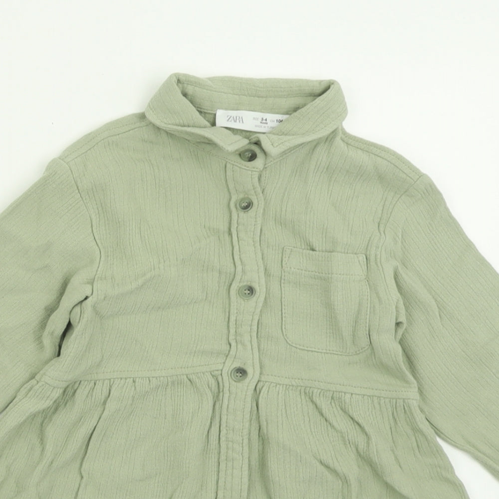 Zara Girls Green  Viscose A-Line  Size 3-4 Years  Collared Button