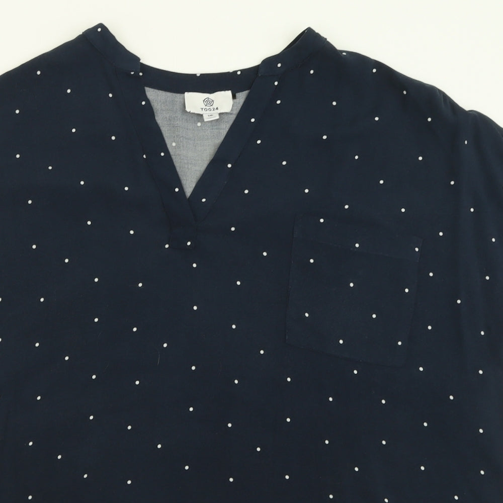 TOG 24 Womens Blue Polka Dot Viscose Basic T-Shirt Size 16 V-Neck
