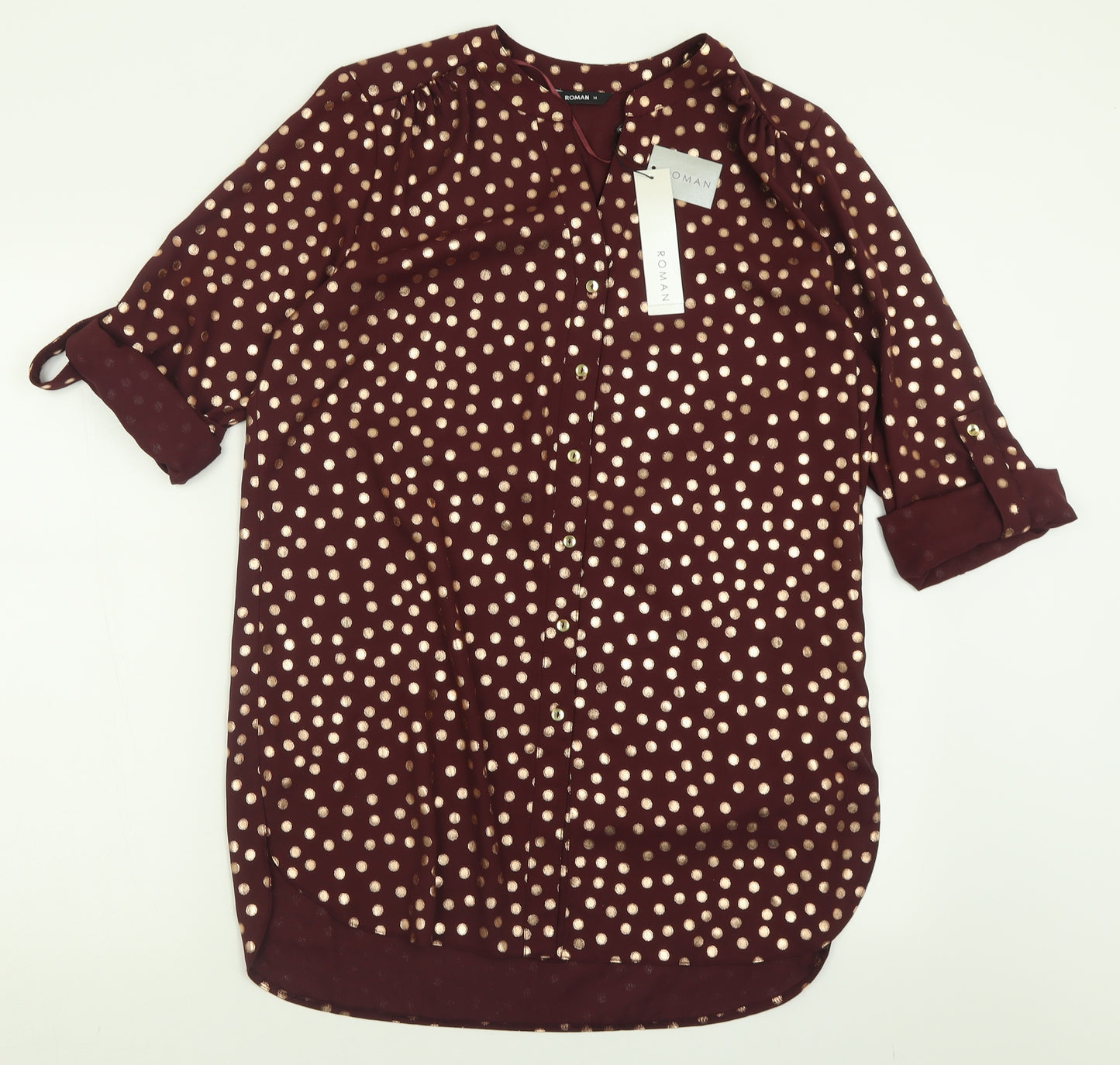 Roman Womens Purple Polka Dot Polyester Basic Button-Up Size 14 V-Neck