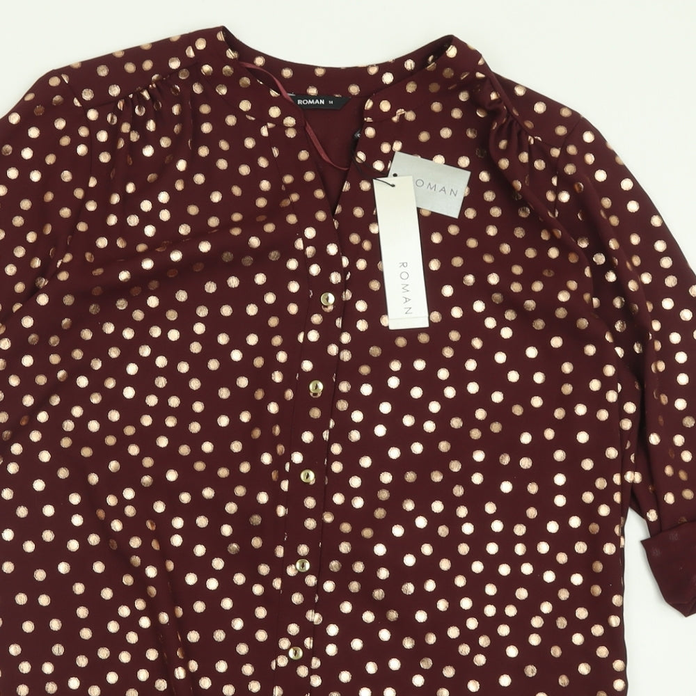 Roman Womens Purple Polka Dot Polyester Basic Button-Up Size 14 V-Neck