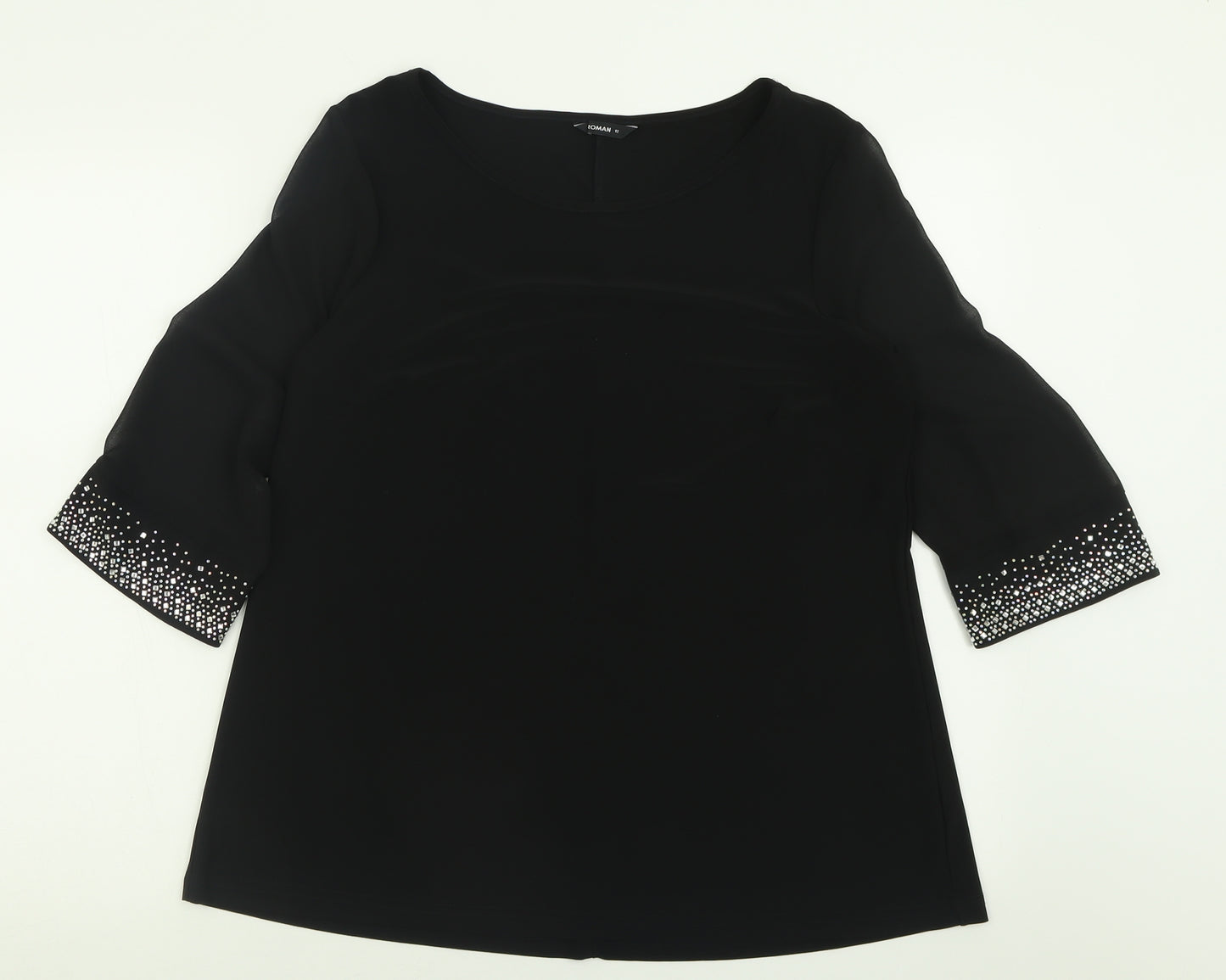 Roman Womens Black  Polyester Basic T-Shirt Size 12 Crew Neck - Mesh sleeves