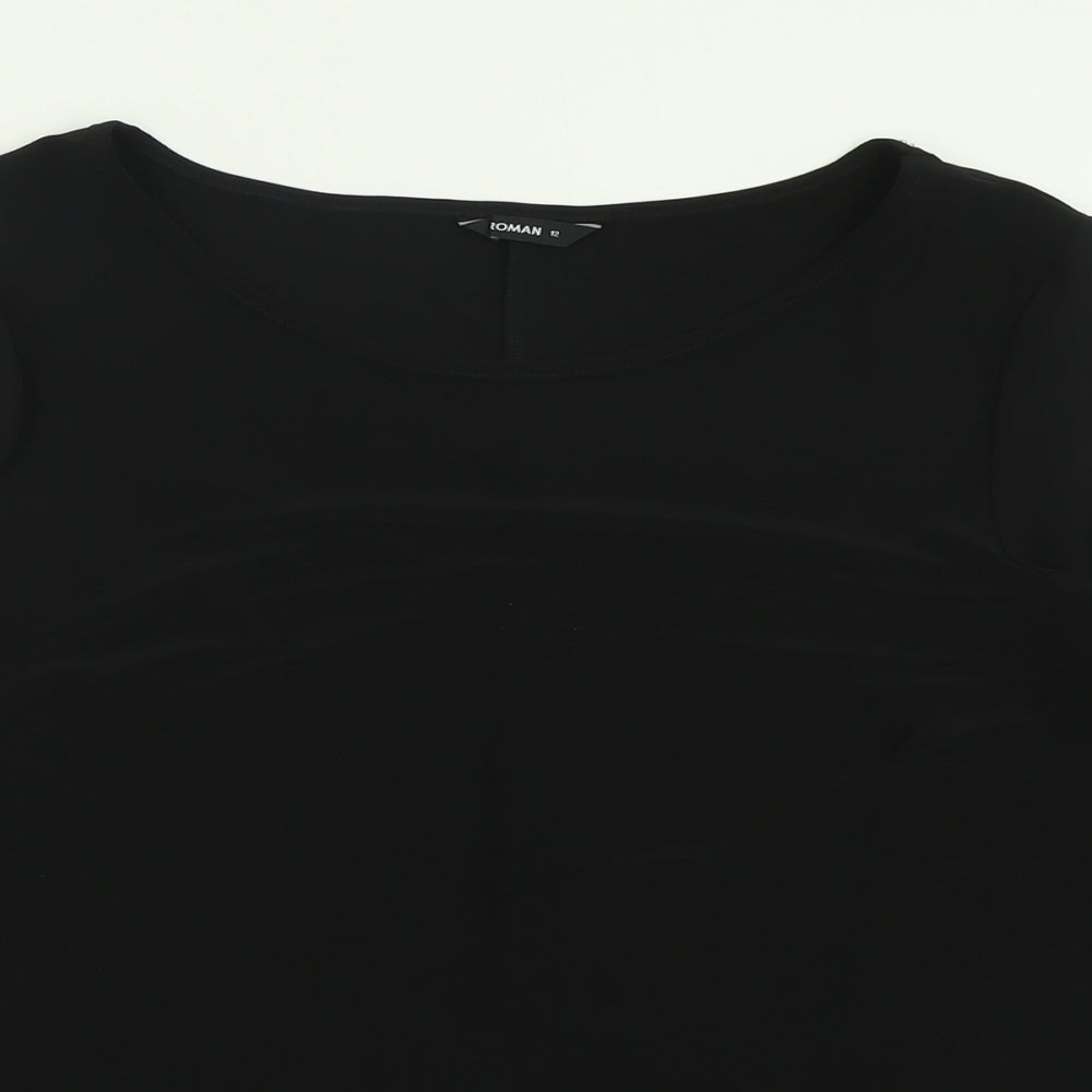 Roman Womens Black  Polyester Basic T-Shirt Size 12 Crew Neck - Mesh sleeves