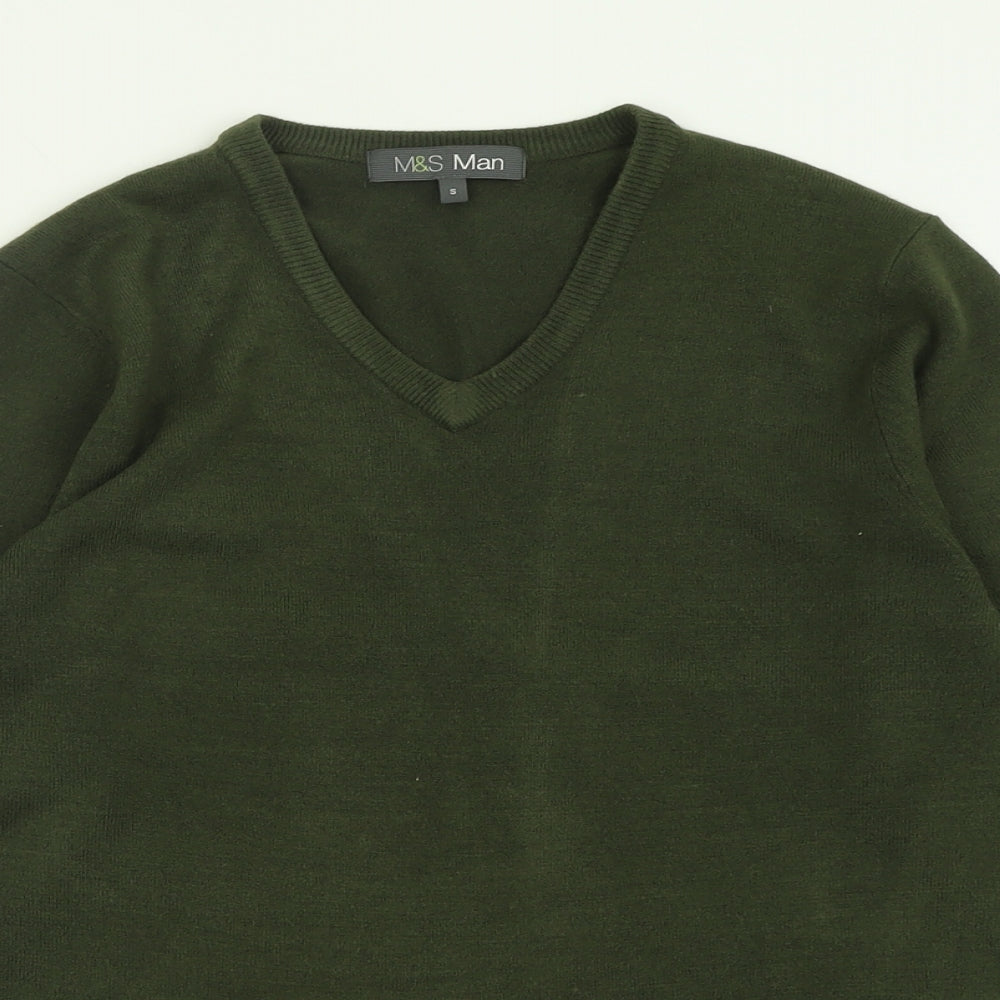 Marks and Spencer Mens Green V-Neck  Acrylic Pullover Jumper Size S
