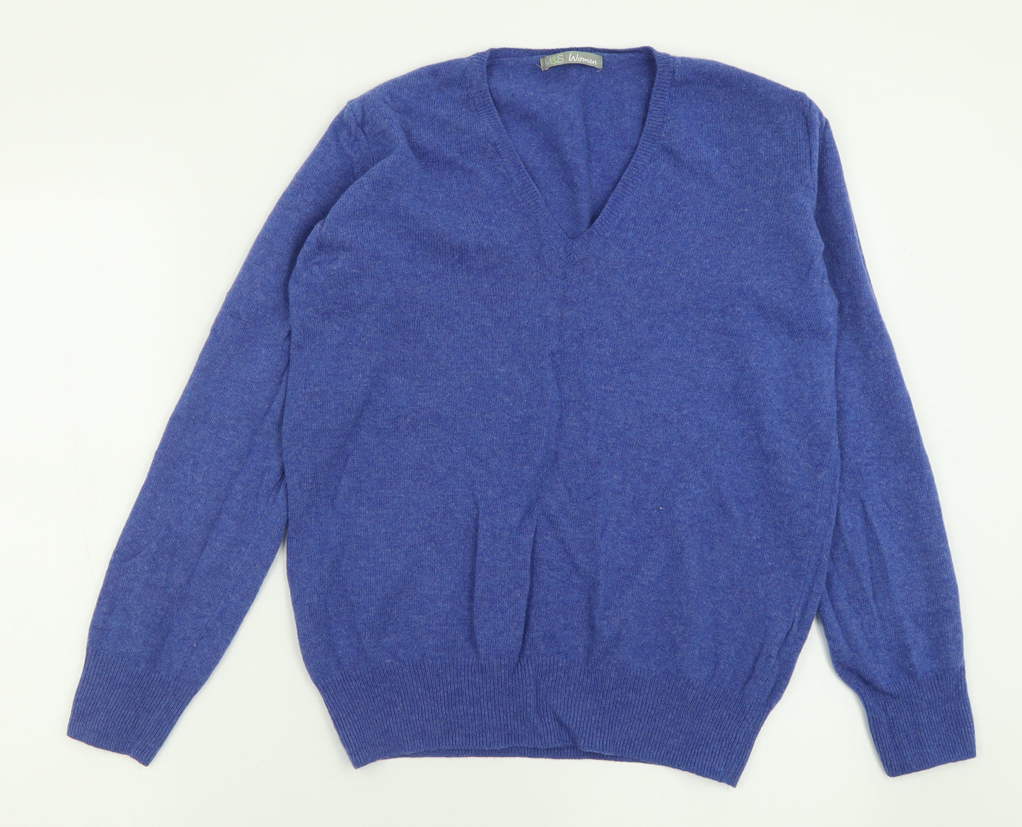 Marks and Spencer Womens Blue V-Neck  Wool Pullover Jumper Size 14