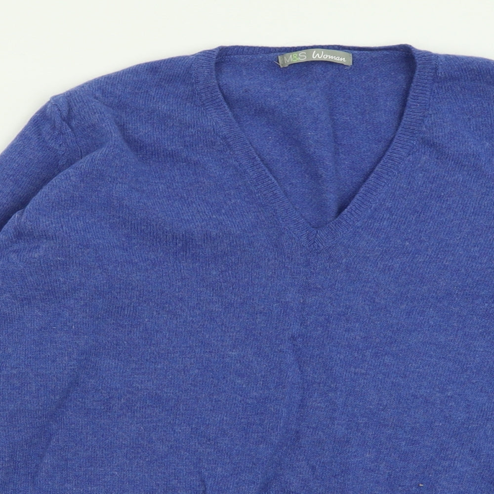 Marks and Spencer Womens Blue V-Neck  Wool Pullover Jumper Size 14
