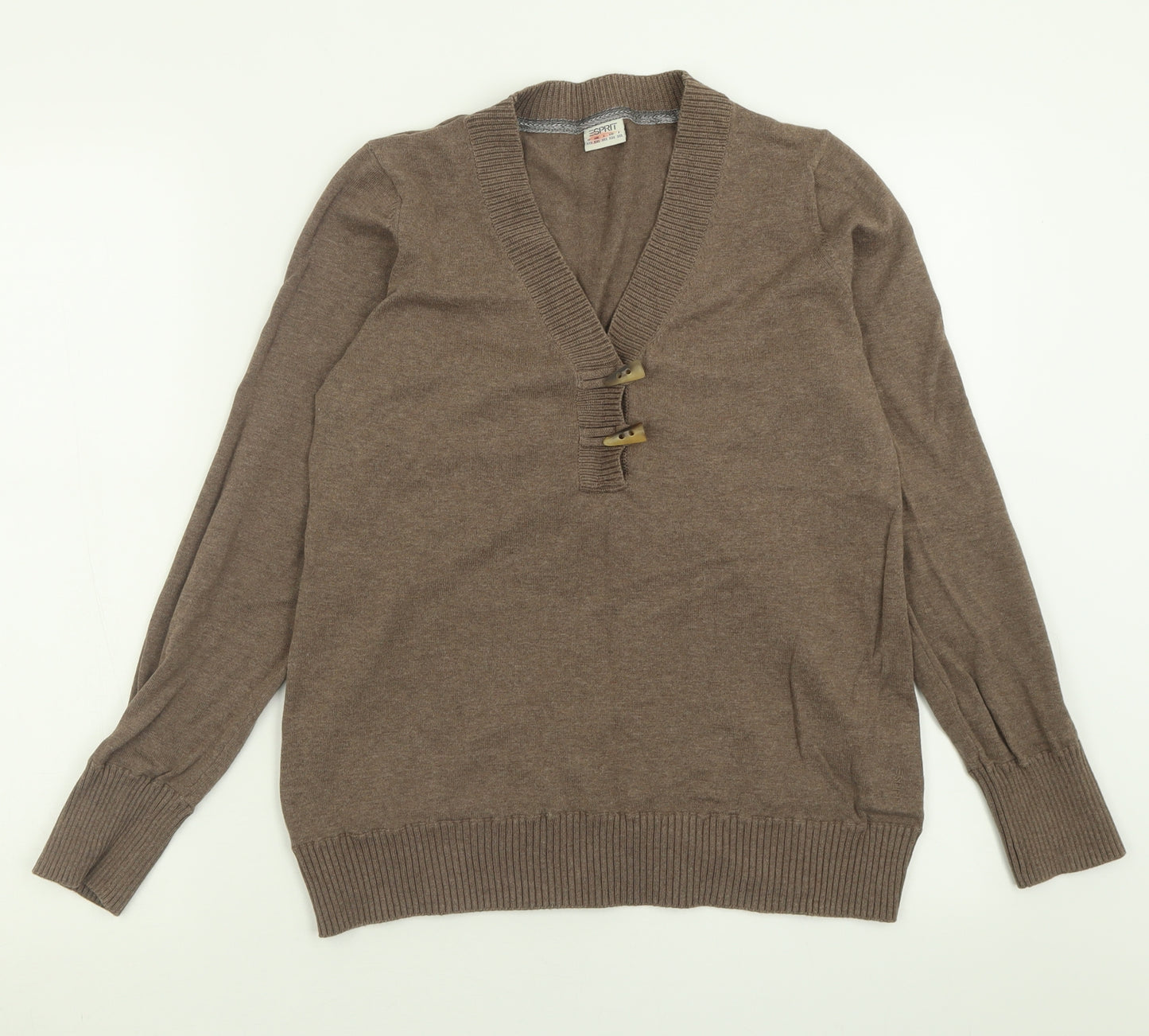 Esprit Womens Brown V-Neck  Cotton Pullover Jumper Size 2XL