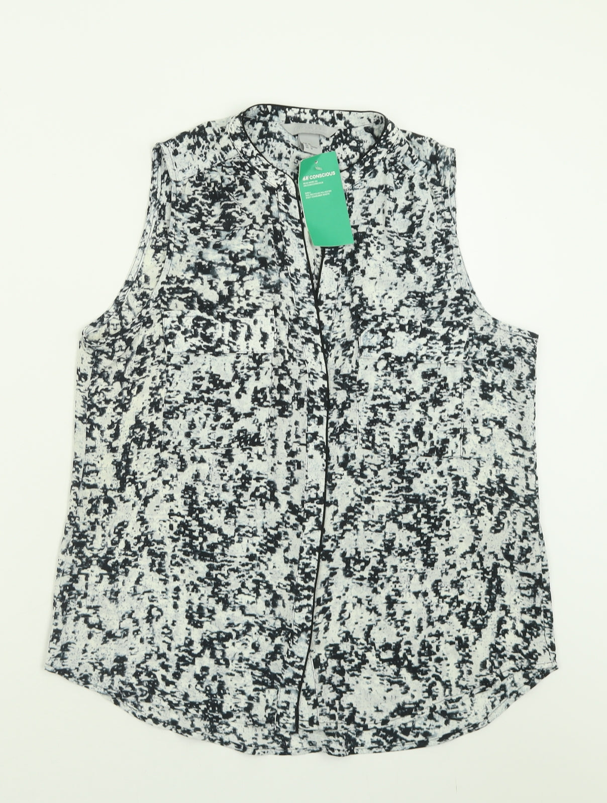 H&M Womens Black Geometric Polyester Basic Button-Up Size 12 V-Neck
