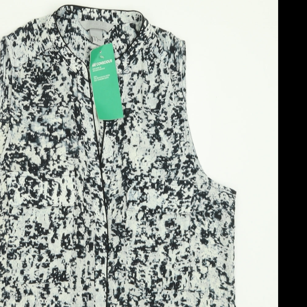 H&M Womens Black Geometric Polyester Basic Button-Up Size 12 V-Neck