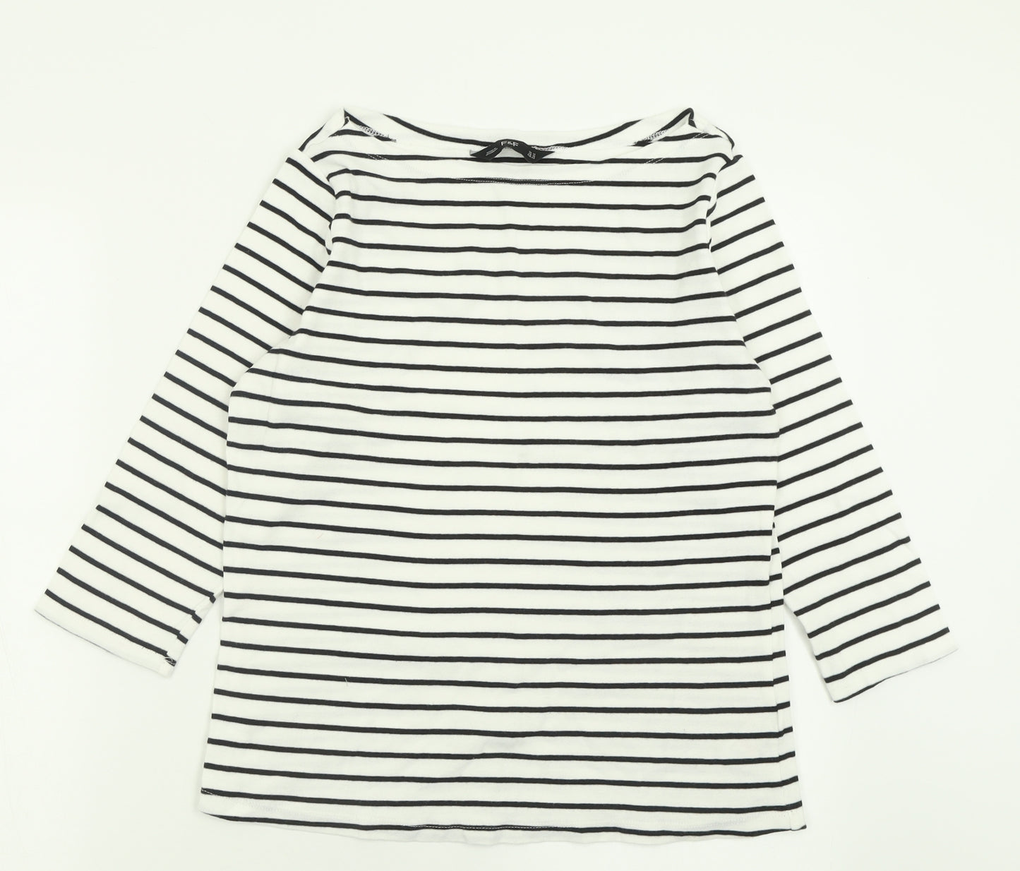 F&F Womens White Striped Cotton Basic T-Shirt Size 14 Boat Neck