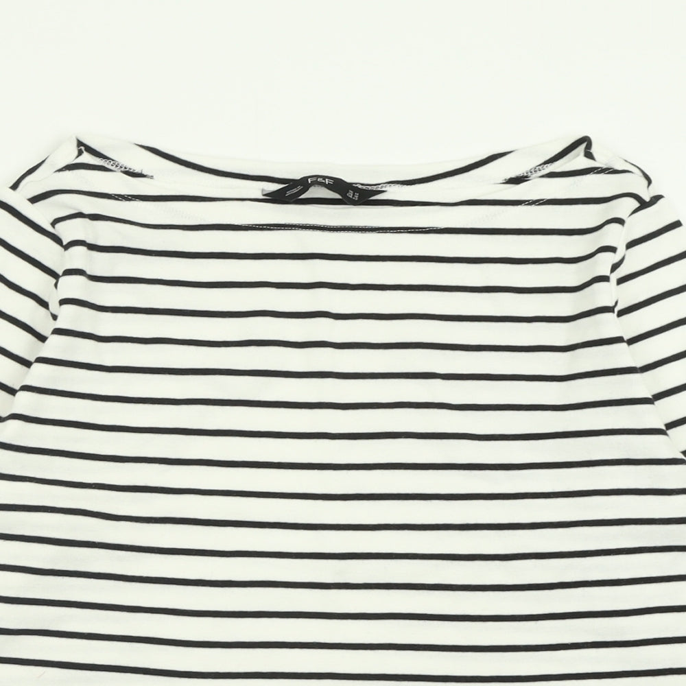 F&F Womens White Striped Cotton Basic T-Shirt Size 14 Boat Neck