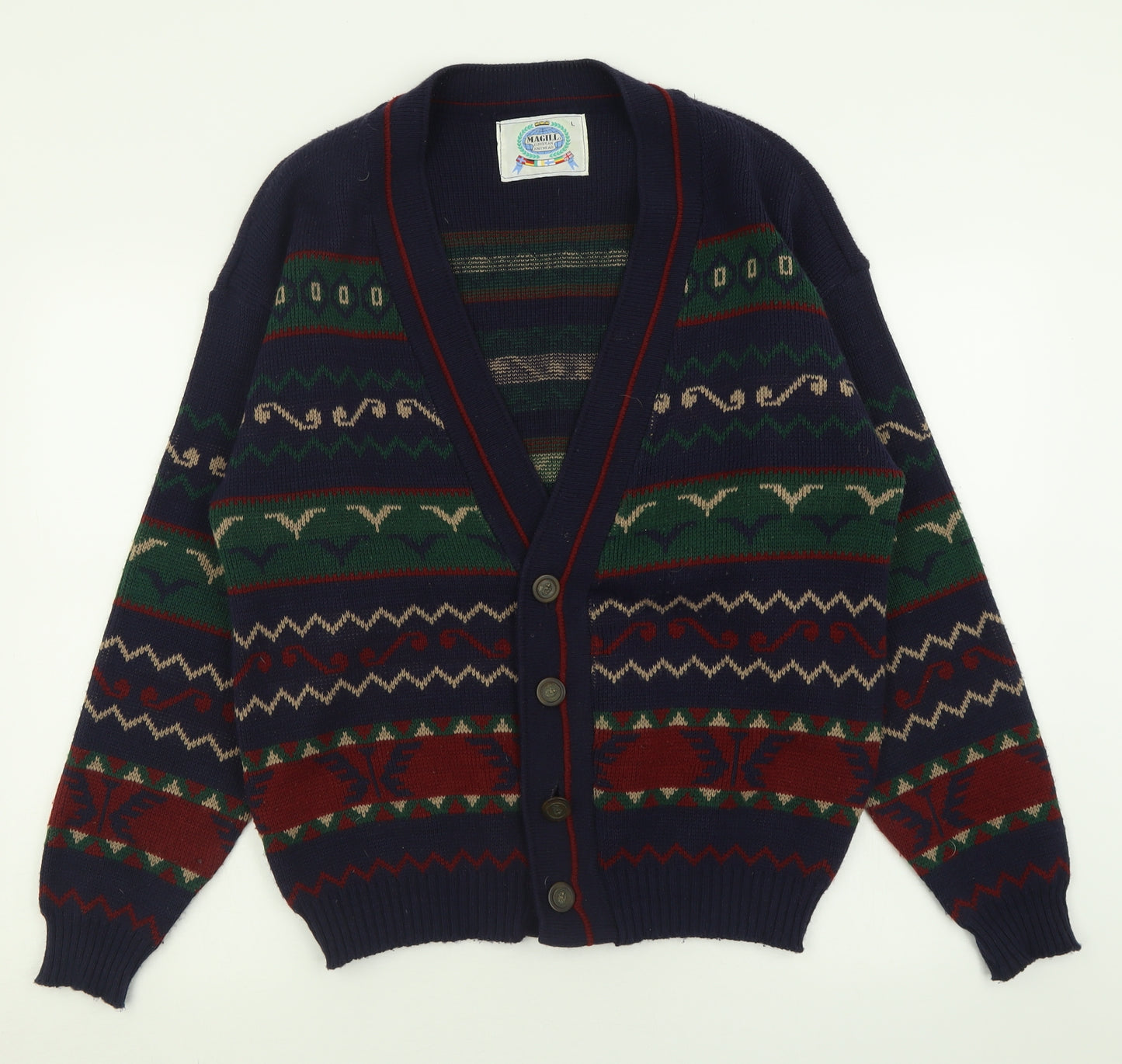 Magilla Mens Blue V-Neck Geometric Acrylic Cardigan Jumper Size L
