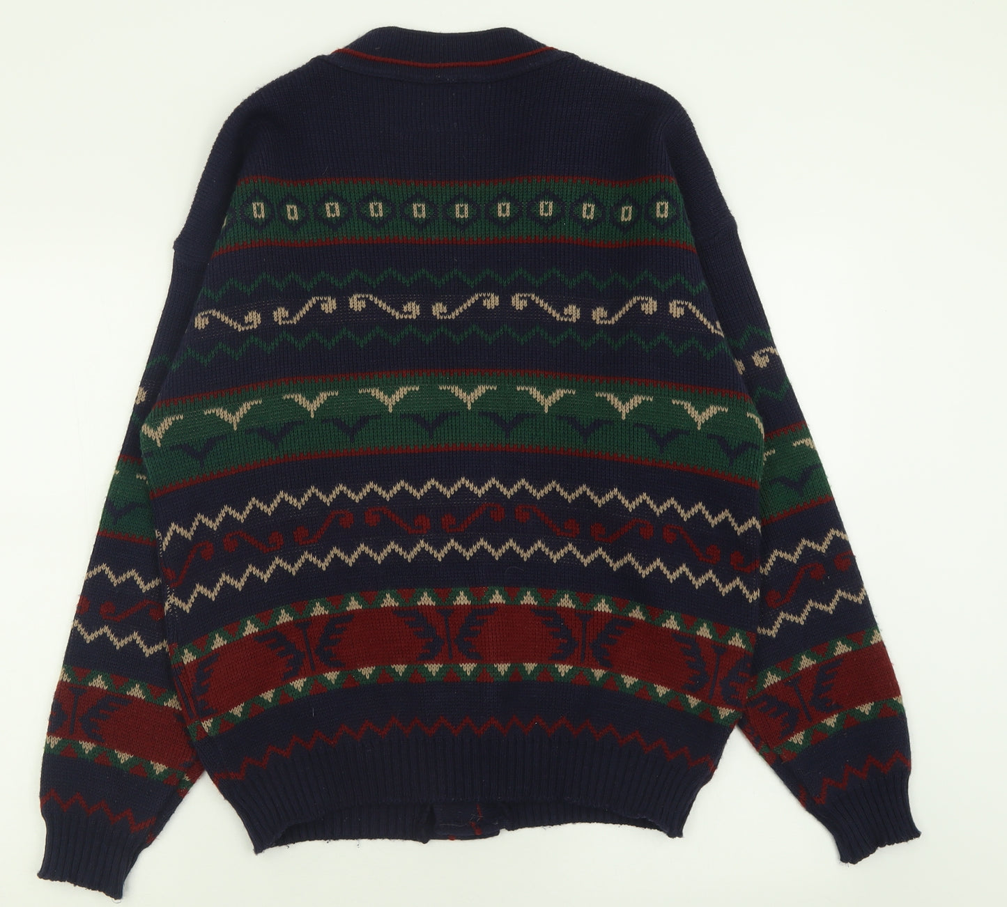 Magilla Mens Blue V-Neck Geometric Acrylic Cardigan Jumper Size L
