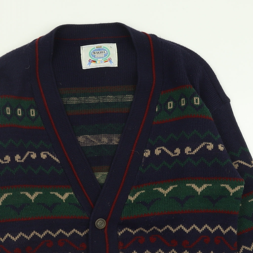Magilla Mens Blue V-Neck Geometric Acrylic Cardigan Jumper Size L