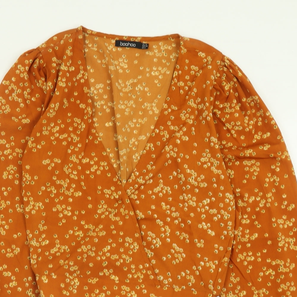 Boohoo Womens Brown Floral Polyester Basic Blouse Size 12 V-Neck - Cropped