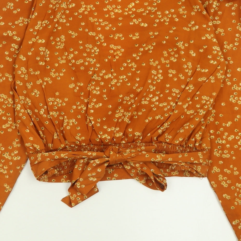 Boohoo Womens Brown Floral Polyester Basic Blouse Size 12 V-Neck - Cropped