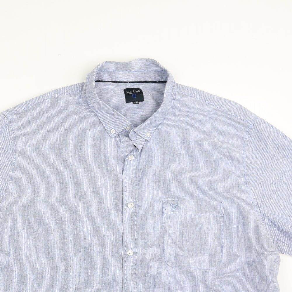 JAMES PRINGLE  Mens Blue Striped Polyester  Button-Up Size 2XL Collared Button