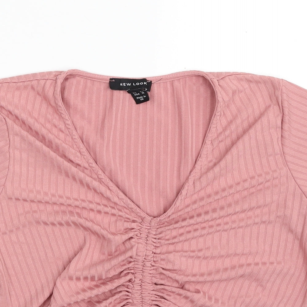 New Look Womens Pink  Polyester Cropped Blouse Size 14 V-Neck - Tie