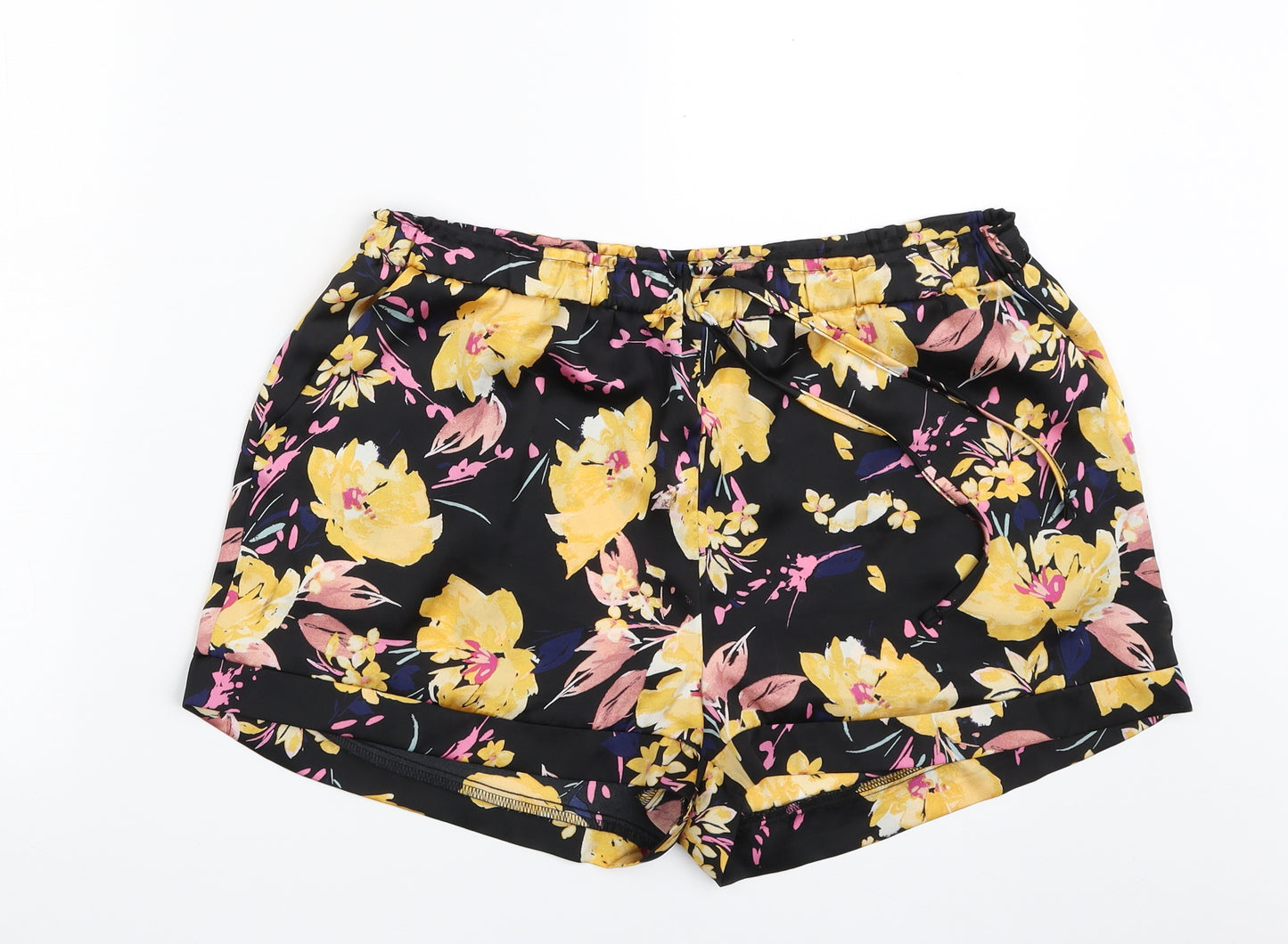 Primark Womens Black Floral Polyester Skimmer Shorts Size 12  Regular  - Tie