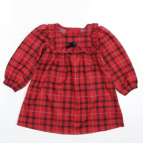 Dunnes Stores Girls Red Plaid Polyester Shift  Size 12-18 Months  Scoop Neck Button