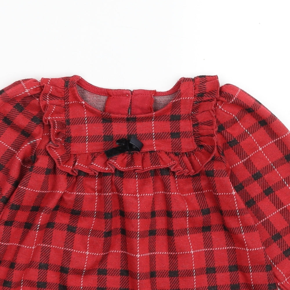 Dunnes Stores Girls Red Plaid Polyester Shift  Size 12-18 Months  Scoop Neck Button