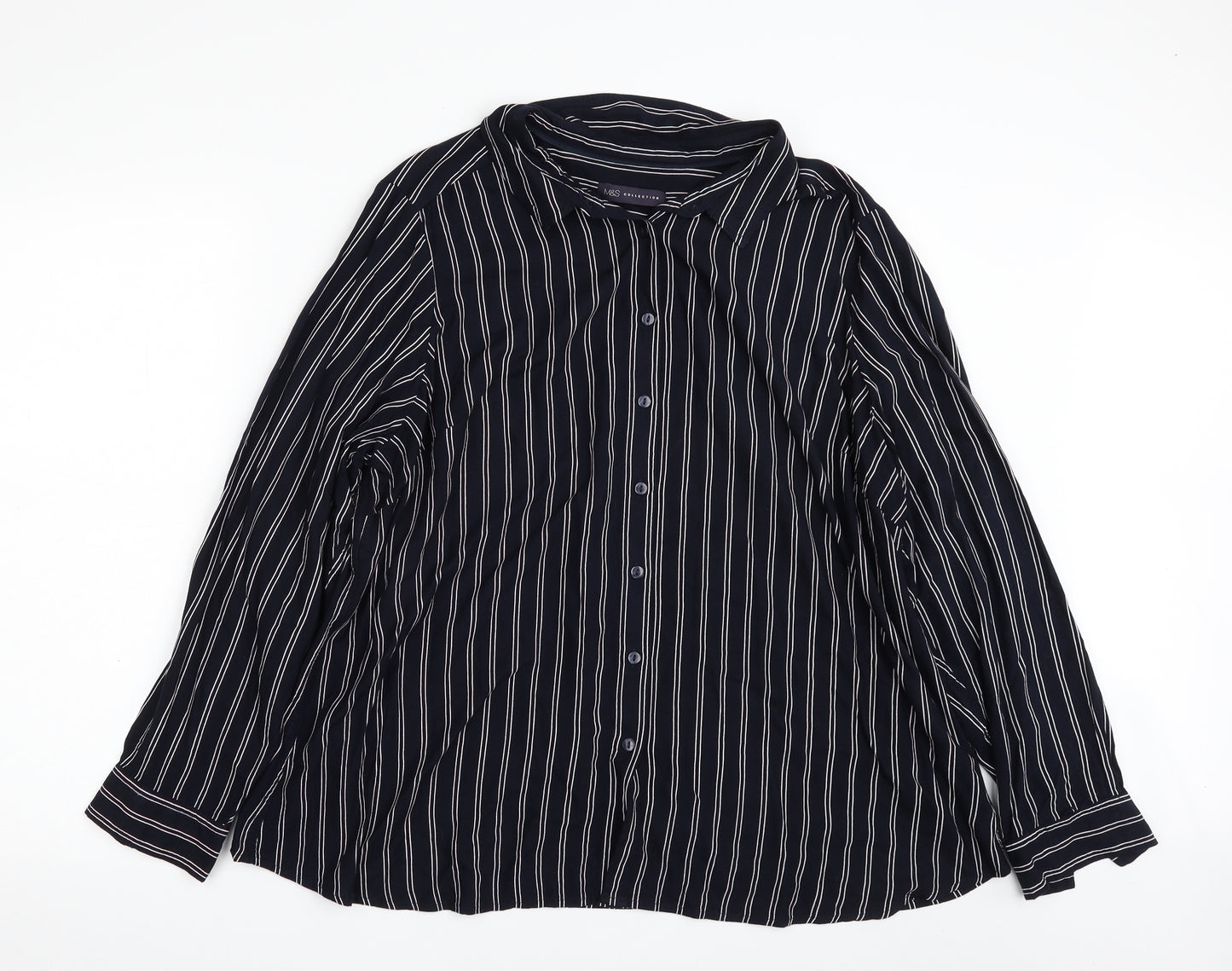 Marks and Spencer Womens Blue Striped Viscose Basic Button-Up Size 22 Collared