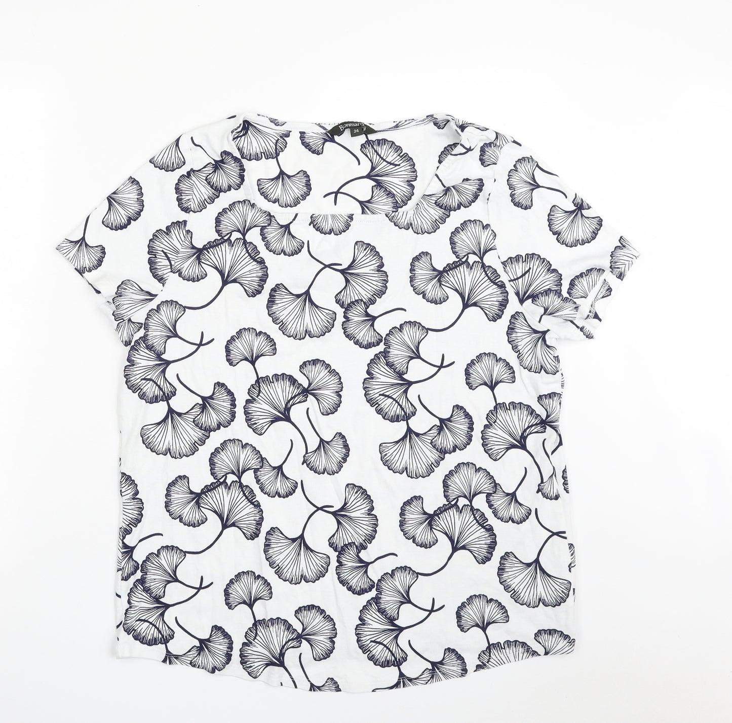 Bonmarché Womens White Floral 100% Cotton Basic T-Shirt Size 24 Square Neck