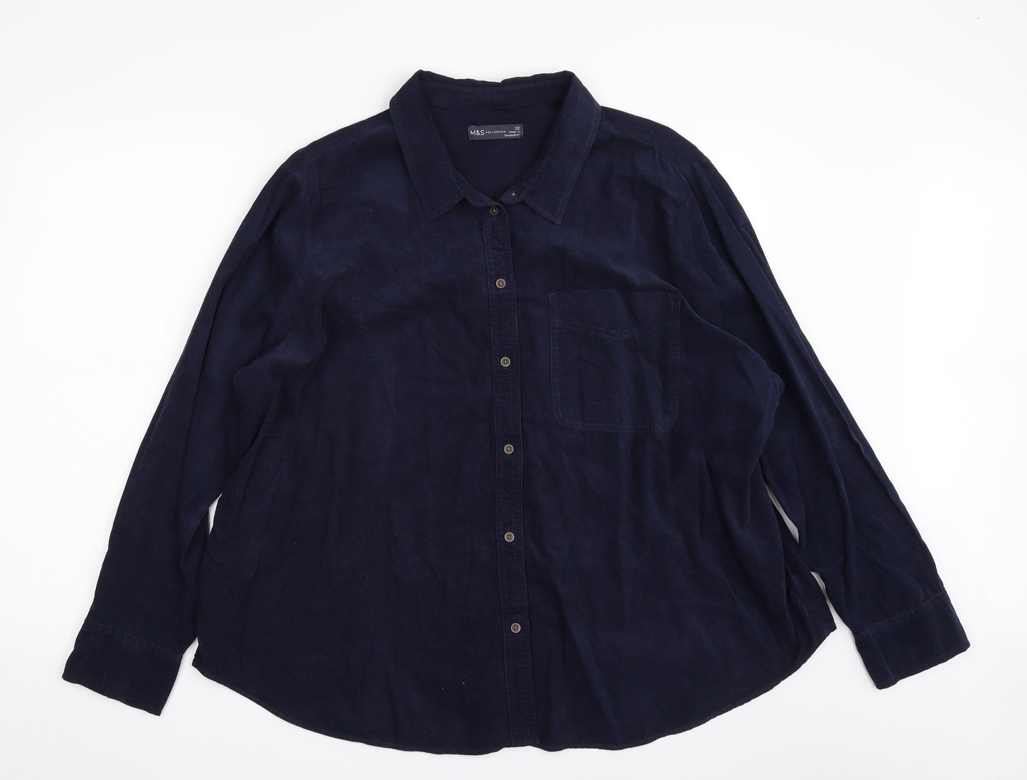 Marks and Spencer Womens Blue  100% Cotton Basic Button-Up Size 22 Collared