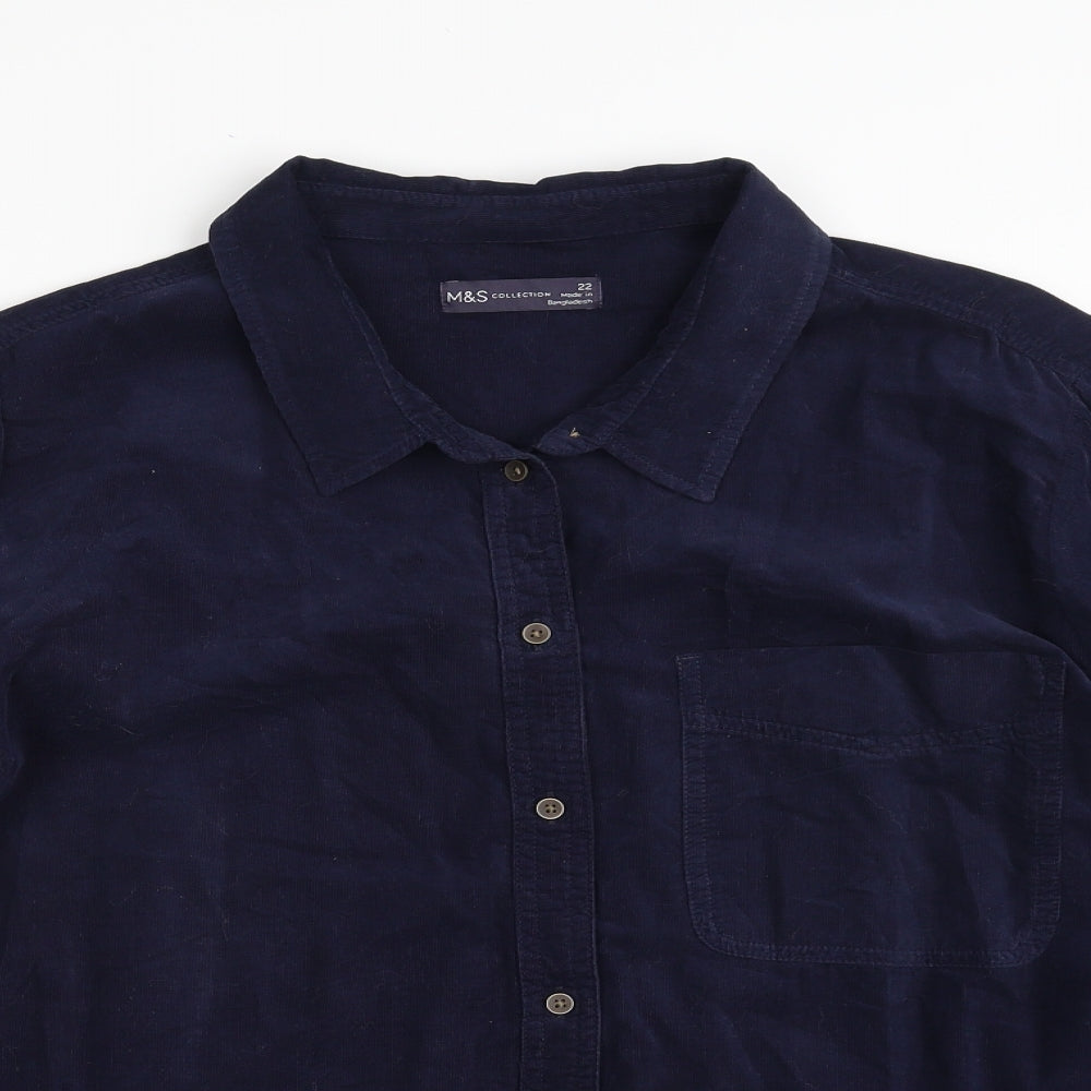 Marks and Spencer Womens Blue  100% Cotton Basic Button-Up Size 22 Collared