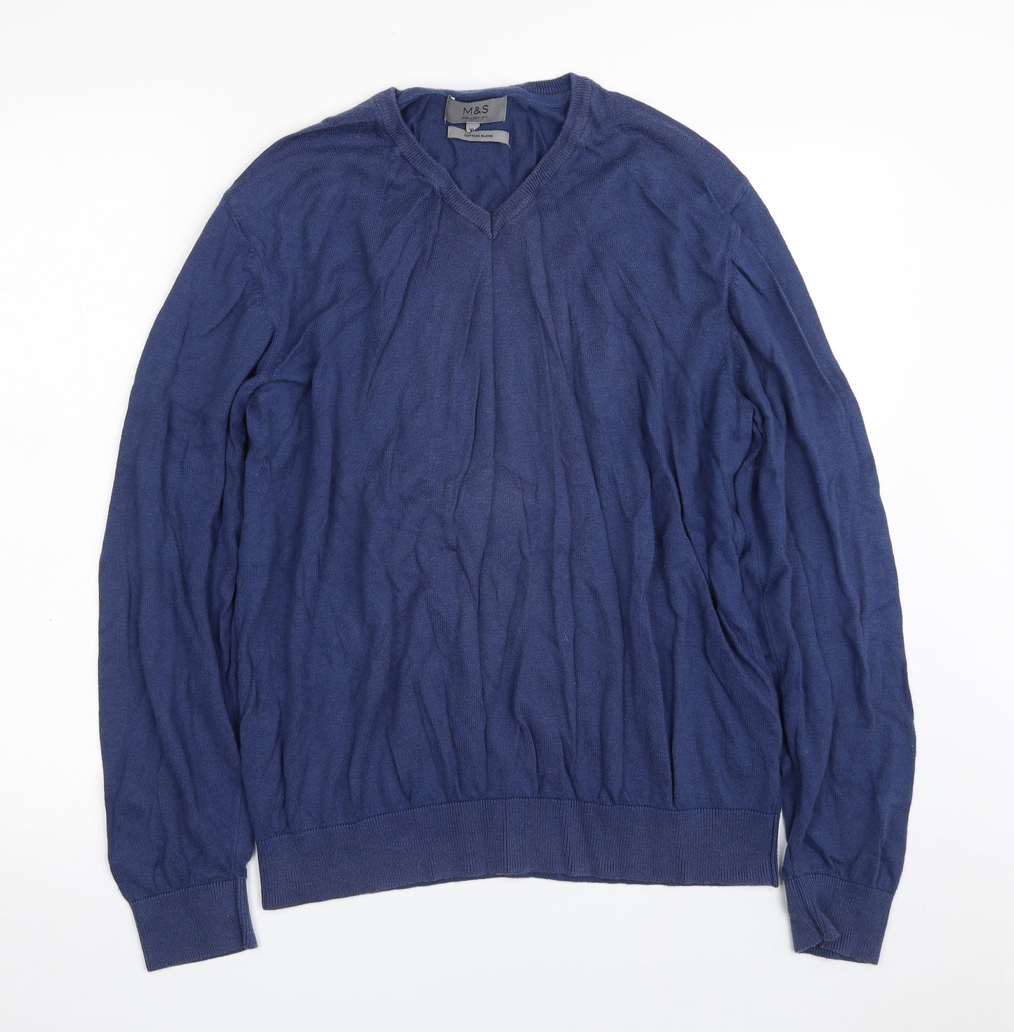Marks and Spencer Mens Blue V-Neck  Cotton Pullover Jumper Size XL