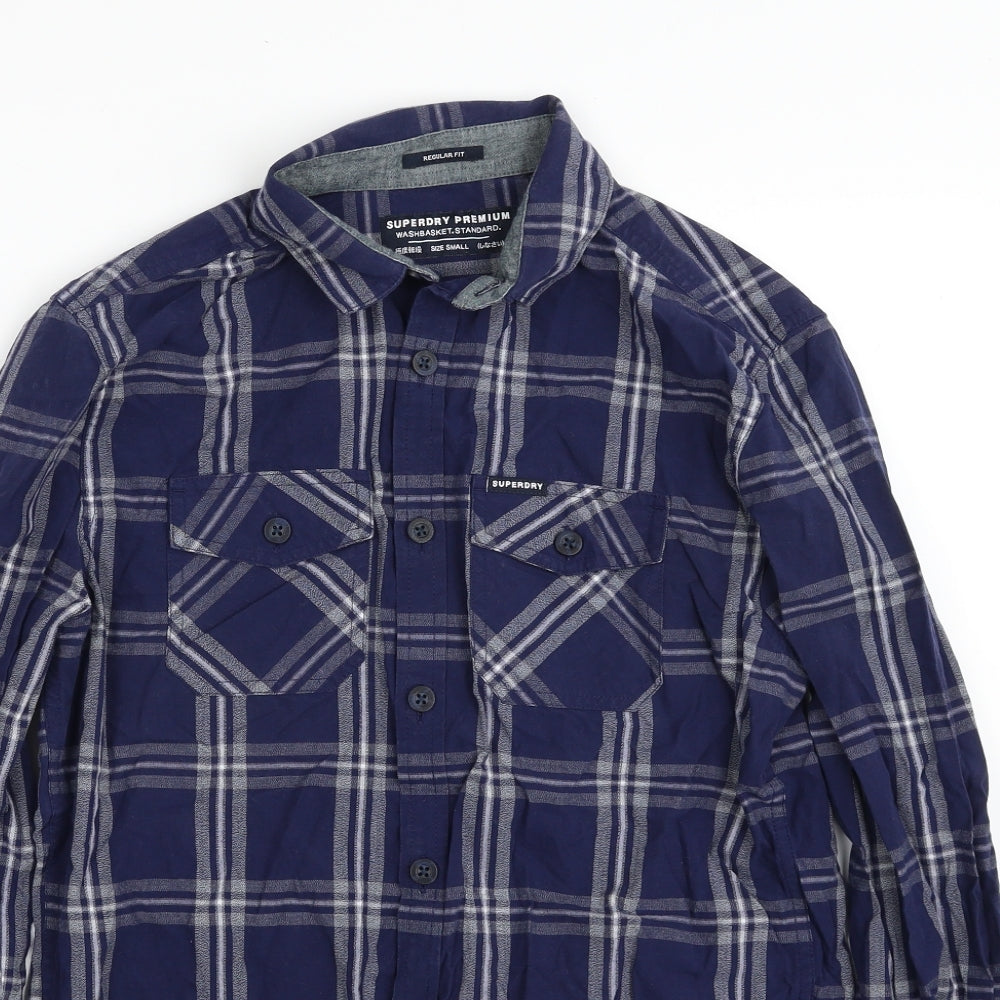 Superdry Mens Blue Plaid Cotton  Button-Up Size S Collared Button