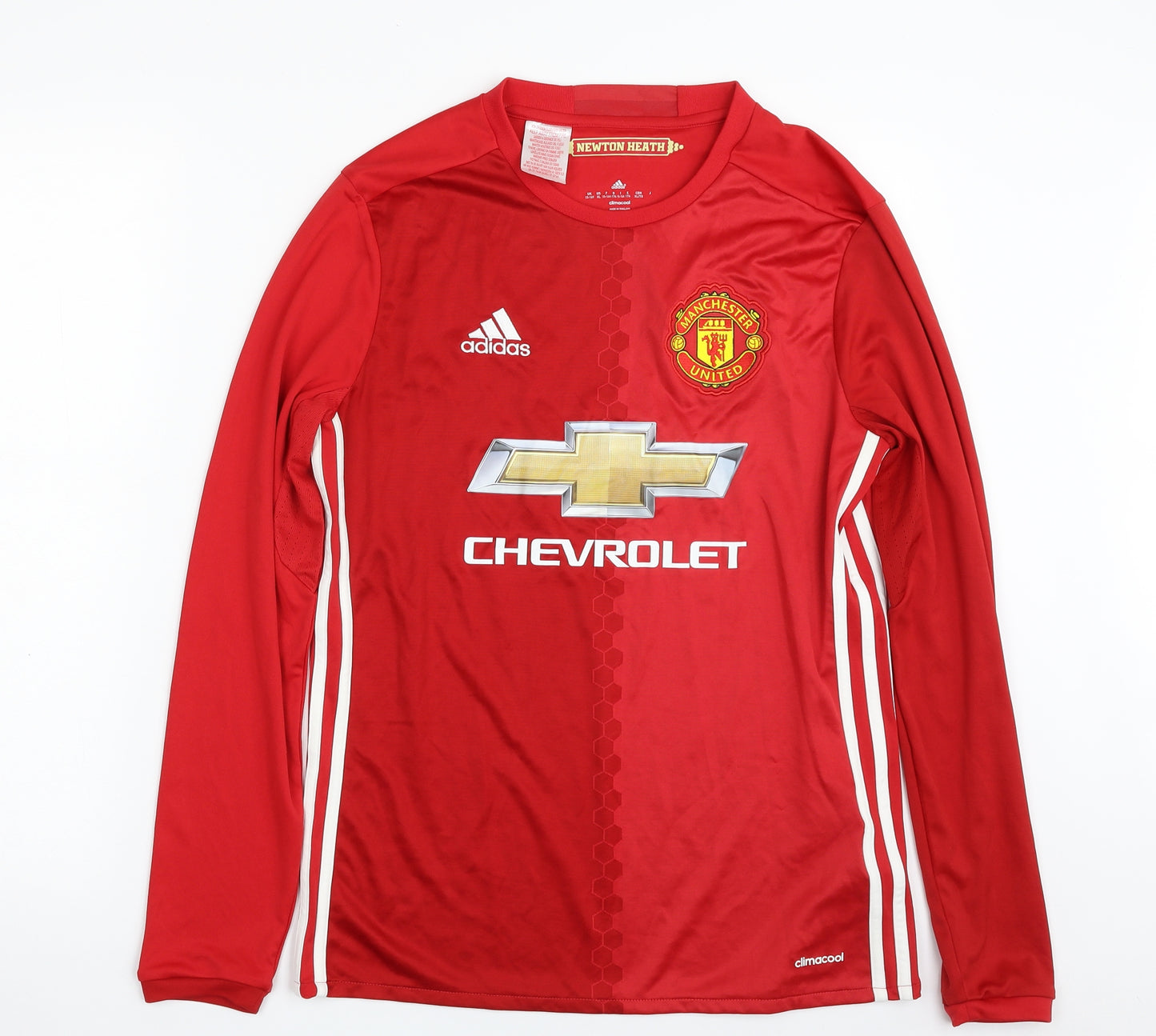 adidas Boys Red Striped 100% Polyester Jersey T-Shirt Size 15-16 Years Crew Neck Pullover - Manchester United FC