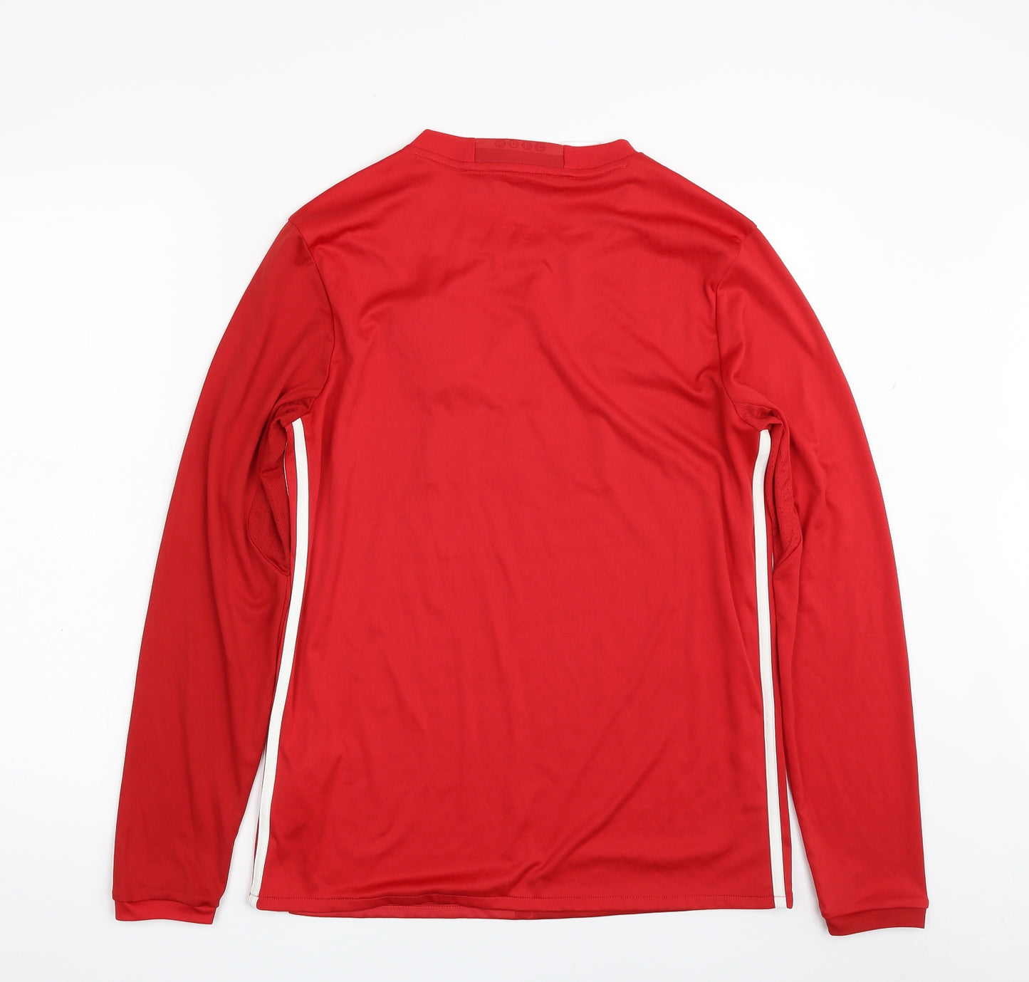 adidas Boys Red Striped 100% Polyester Jersey T-Shirt Size 15-16 Years Crew Neck Pullover - Manchester United FC
