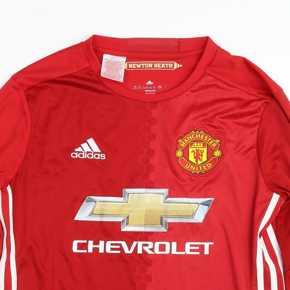 adidas Boys Red Striped 100% Polyester Jersey T-Shirt Size 15-16 Years Crew Neck Pullover - Manchester United FC