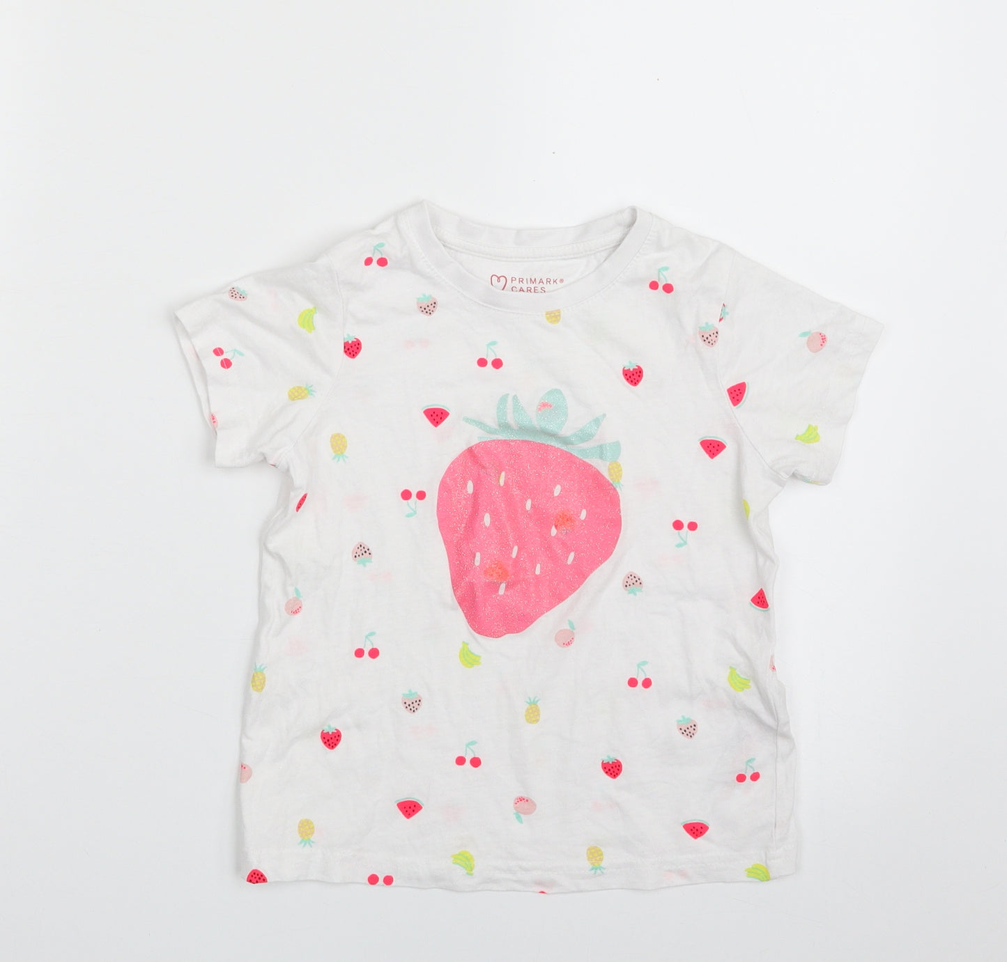 Primark Girls White  100% Cotton Pullover T-Shirt Size 6-7 Years Crew Neck Pullover - Strawberry