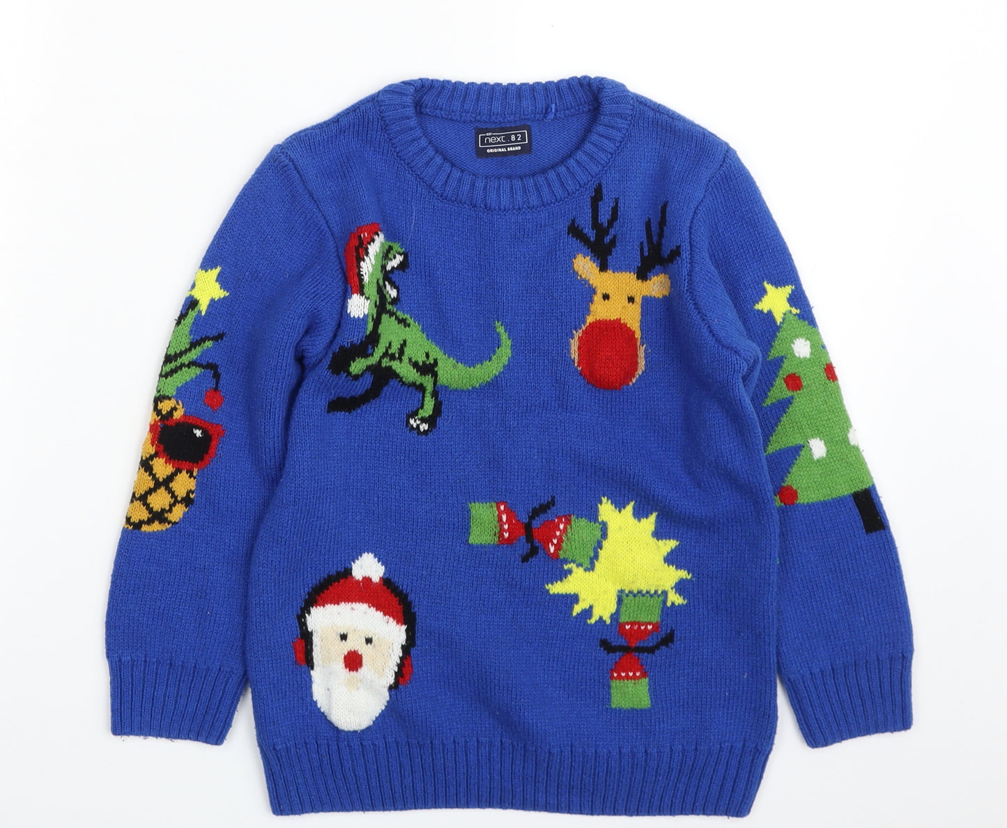 NEXT Boys Blue Crew Neck  Acrylic Pullover Jumper Size 7 Years  Pullover - Christmas- Dinosaur