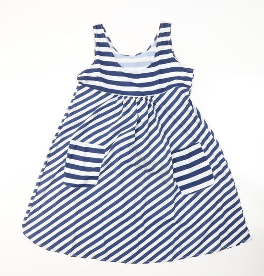 Front view of Preworn women’s blue striped polyester fit & flare, size M, round neck pullover