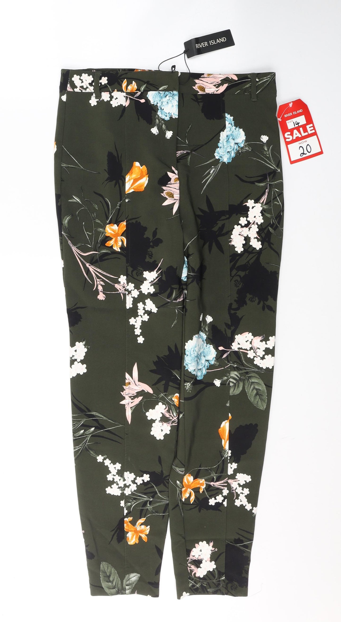 River Island Womens Green Floral Polyester Trousers  Size 14 L28 in Regular Button