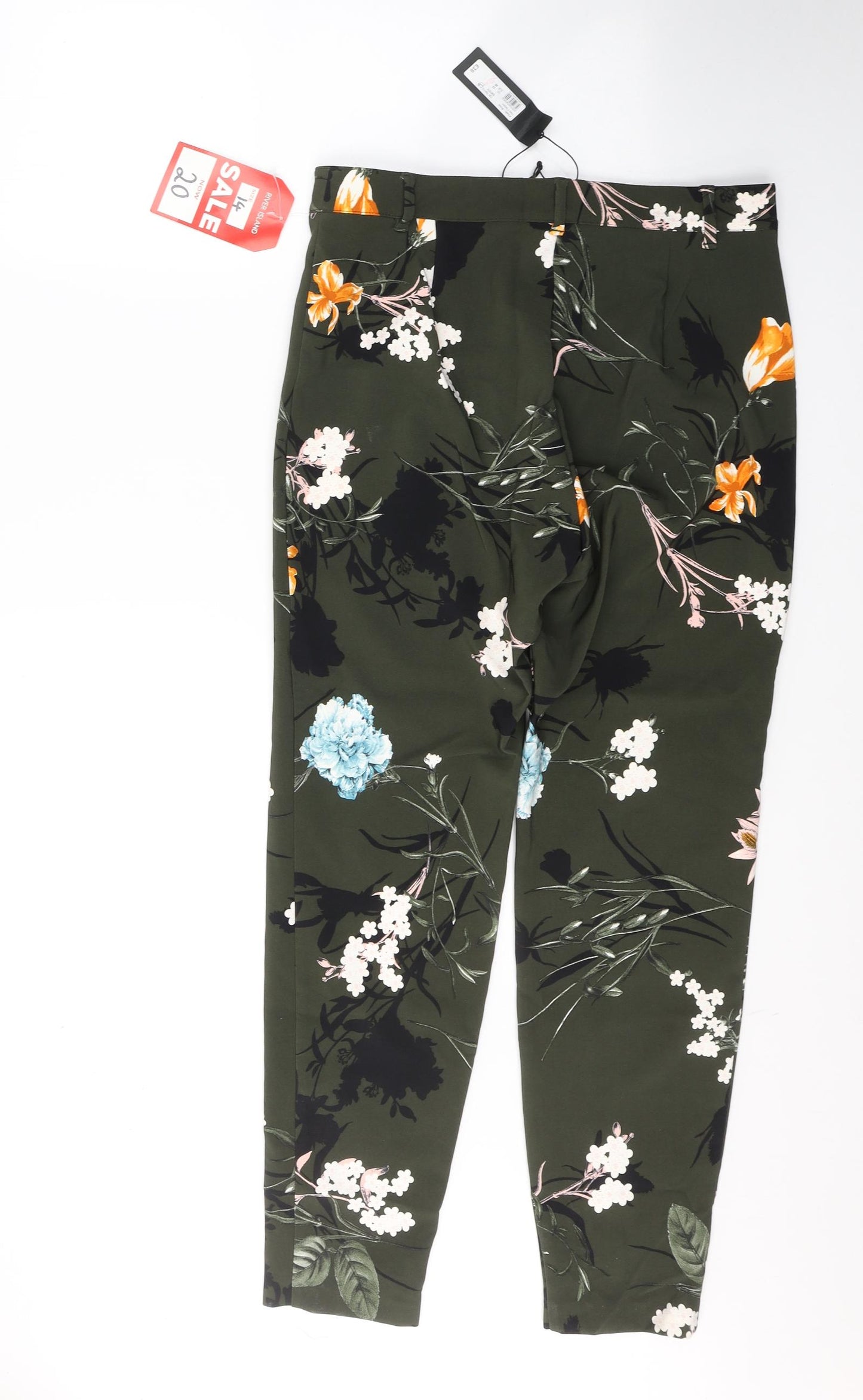 River Island Womens Green Floral Polyester Trousers  Size 14 L28 in Regular Button