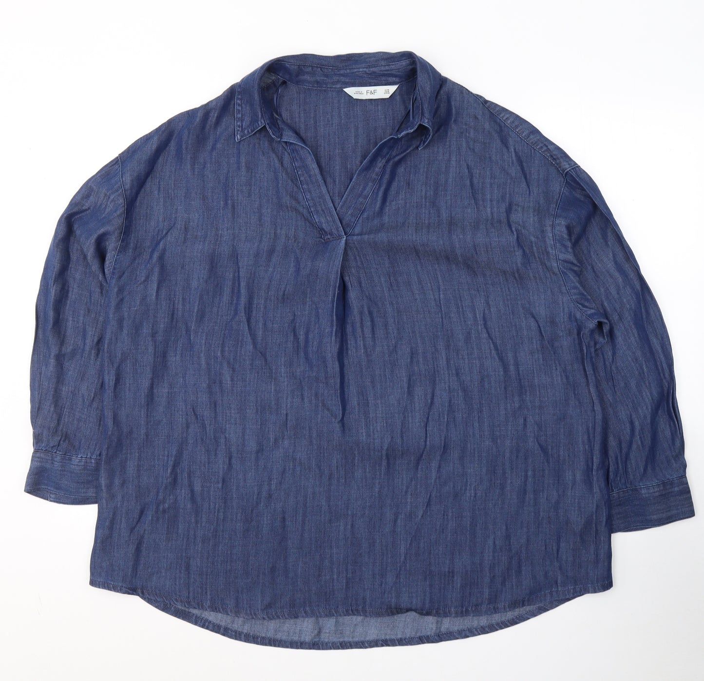 F&F Womens Blue  Lyocell Basic T-Shirt Size 14 V-Neck