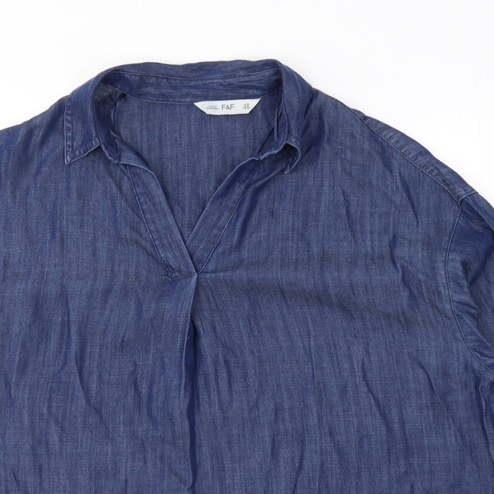 F&F Womens Blue  Lyocell Basic T-Shirt Size 14 V-Neck