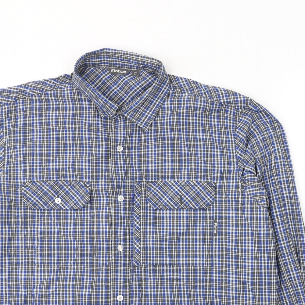 Rohan Mens Blue Plaid Polyamide  Button-Up Size L Collared Button
