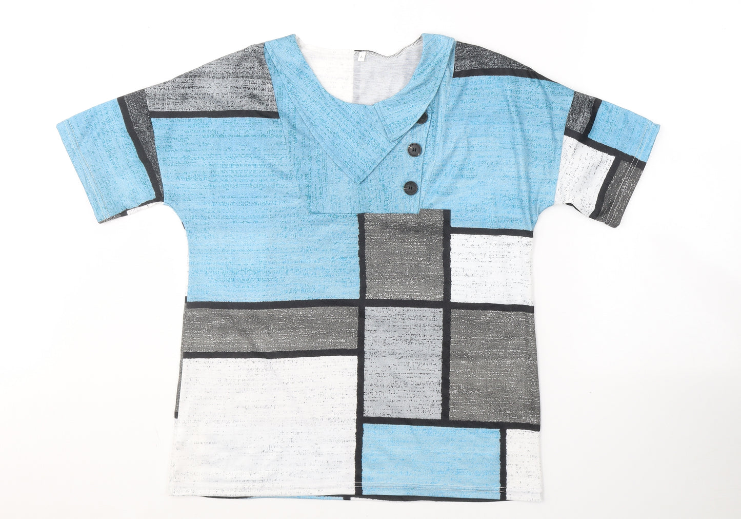 Preworn Womens Blue Colourblock Cotton Basic T-Shirt Size L Round Neck