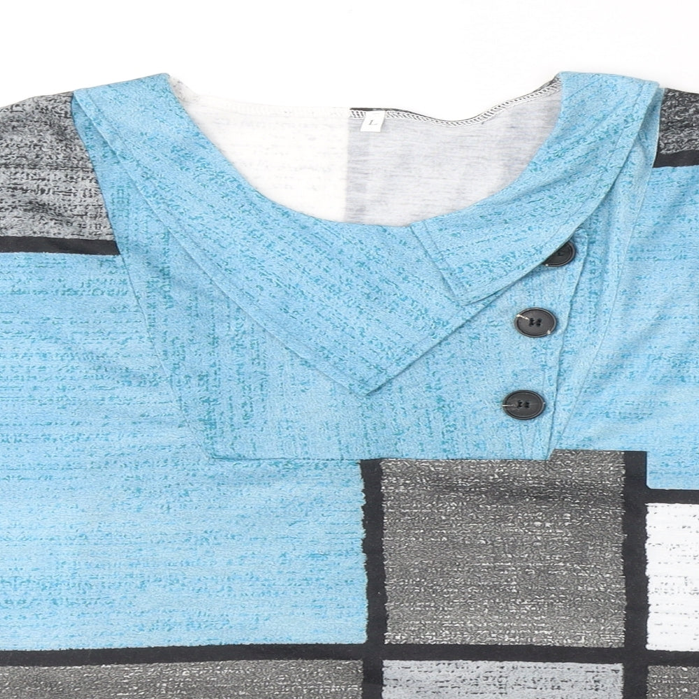 Preworn Womens Blue Colourblock Cotton Basic T-Shirt Size L Round Neck