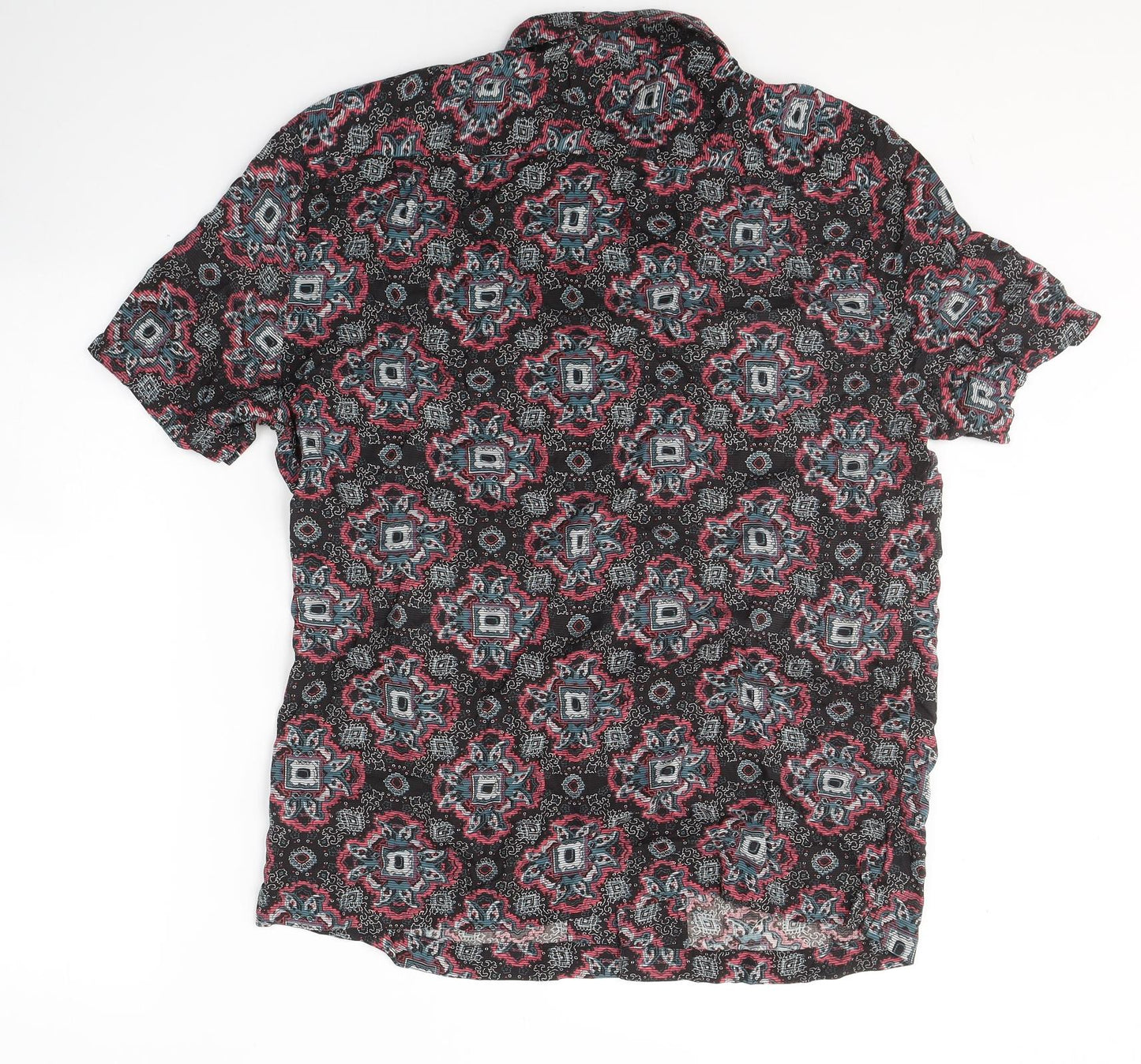 River Island Mens Black Geometric Viscose  Button-Up Size L Collared Button