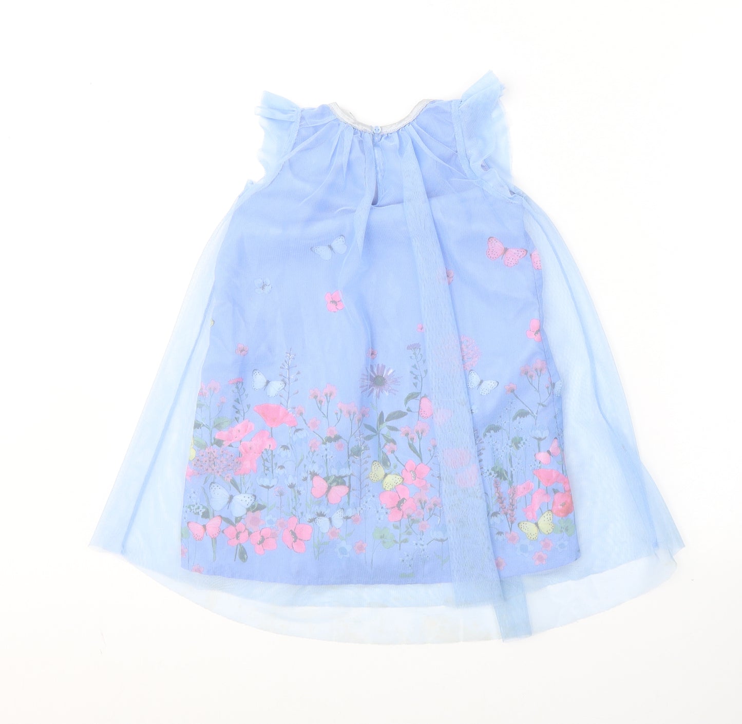 H&M Girls Blue Floral Polyester A-Line  Size 4-5 Years  Round Neck Button - Butterflies