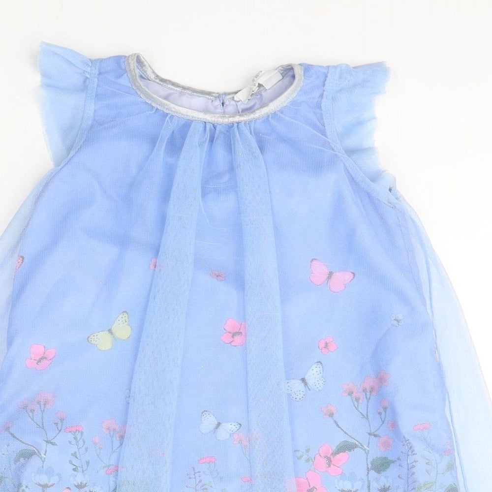 H&M Girls Blue Floral Polyester A-Line  Size 4-5 Years  Round Neck Button - Butterflies