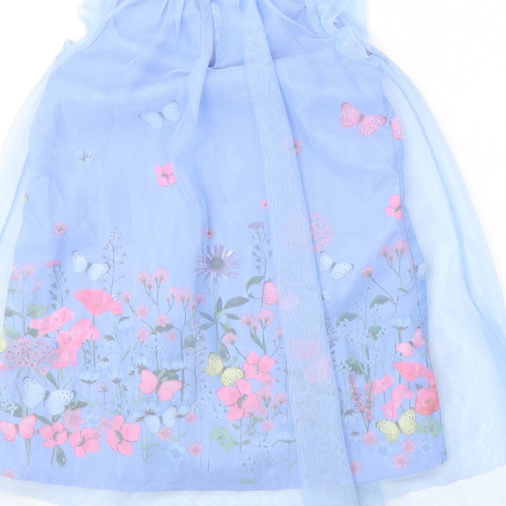 H&M Girls Blue Floral Polyester A-Line  Size 4-5 Years  Round Neck Button - Butterflies